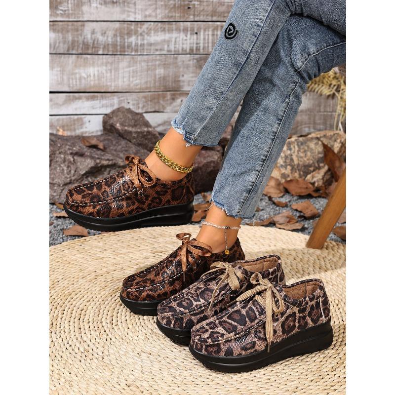 Lace-up Platform Leopard Print Low-top Shoes Women's Plus Size Casual Lace-up Shoes