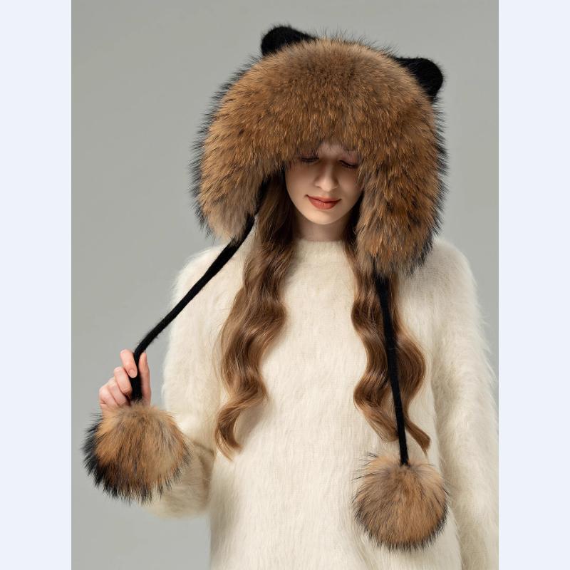 Koreanische Version der neuen Fuchspelzmütze für Damen, Herbst und Winter, niedliche Bärenstrickmütze, warmer Ohrenschutz, Pelzmütze lässt das Gesicht schmaler wirken