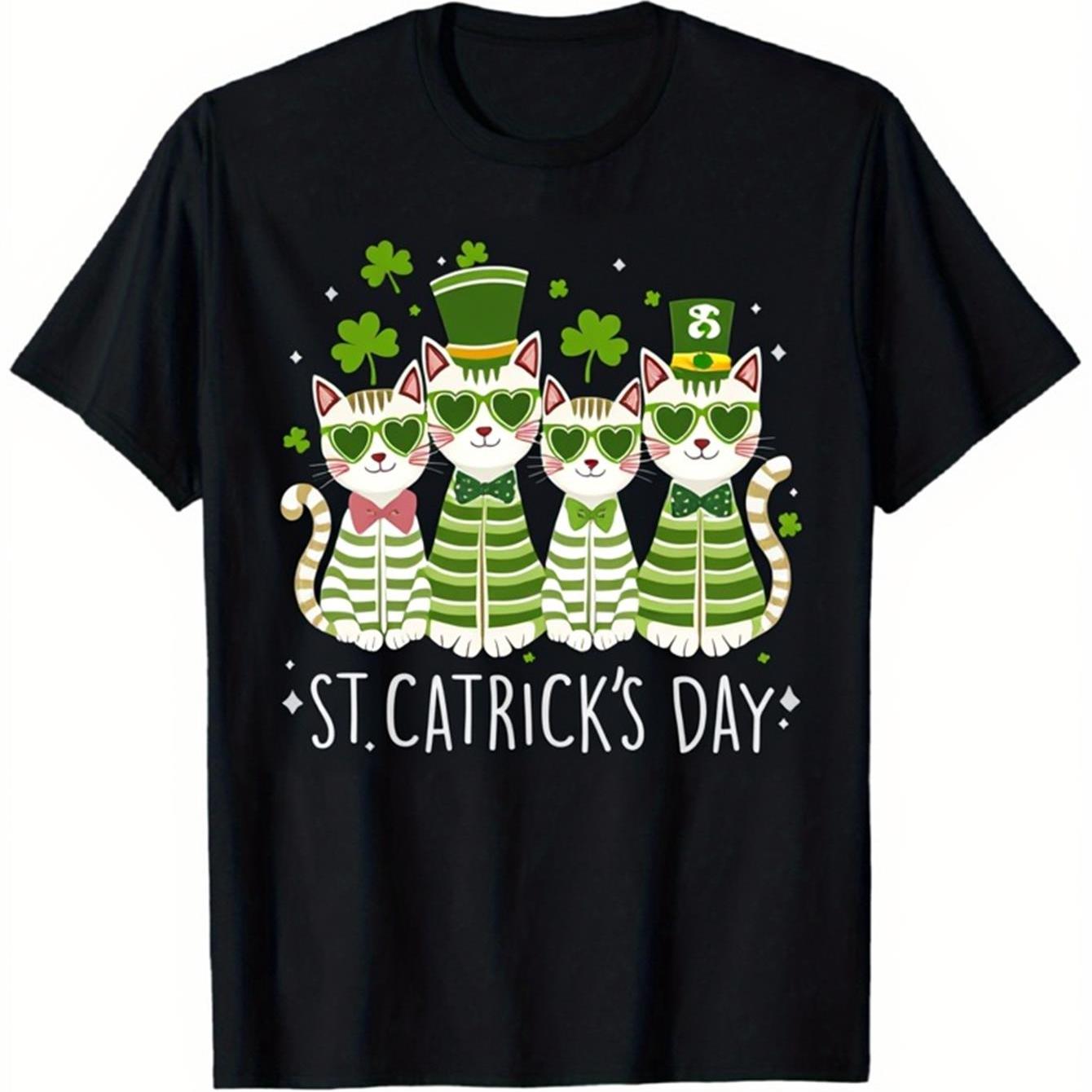 St Catricks Day Cat Graphic Tee Lucky Clover Heart Sunglasses Short Sleeve T-Shirt Unisex Casual 4XL