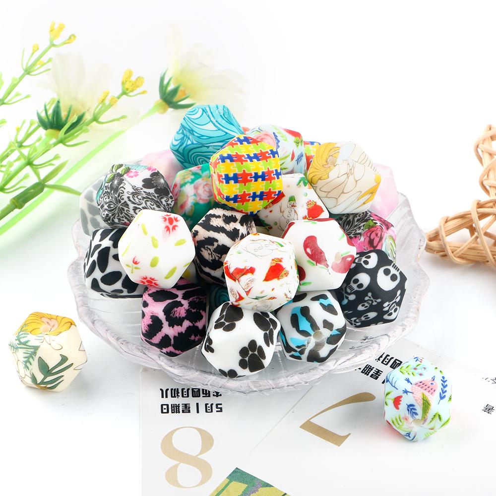 10Pcs 14mm Printed Hexagon Silicone Beads Leopard Bead For Jewelry Making DIY Beadable Pen Keychain Bracelet Accessories