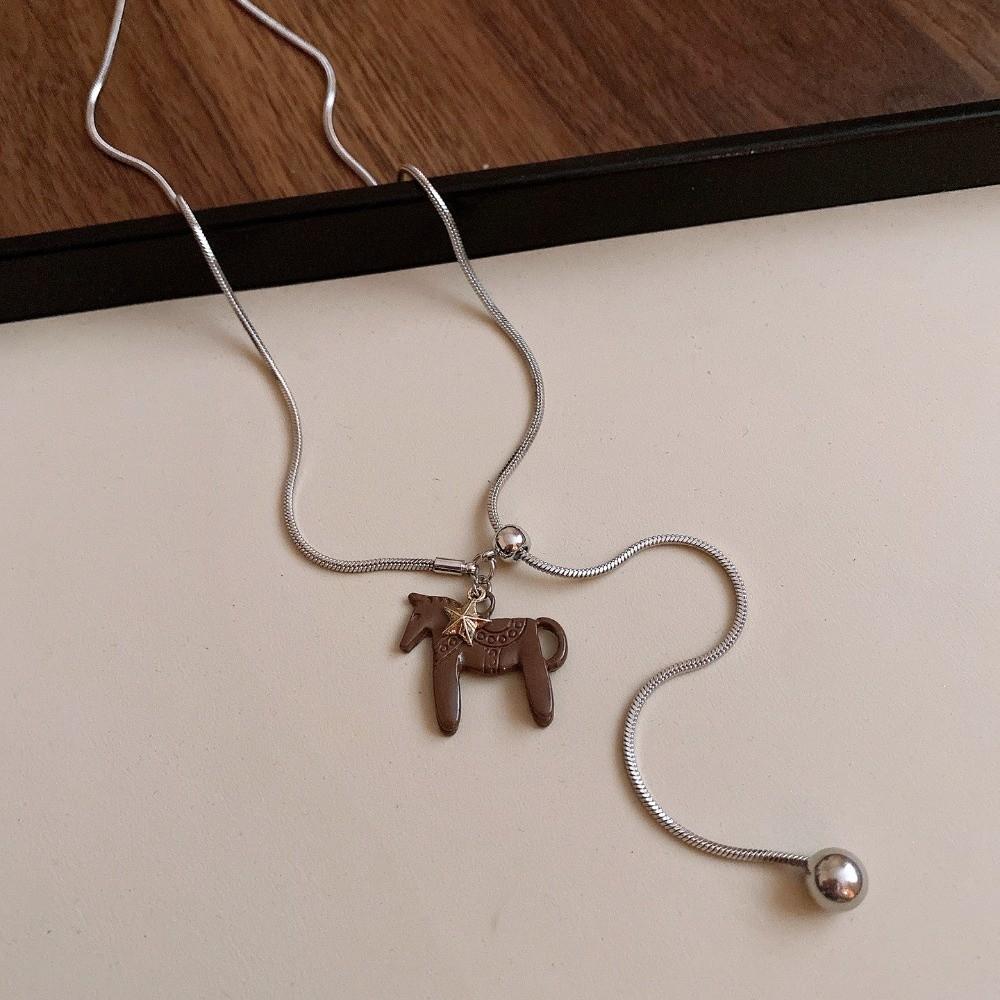 Long Horse Pendant Necklace Silver Plated Y Neck Chain Vintage Enamel Pendant Necklace  for Women