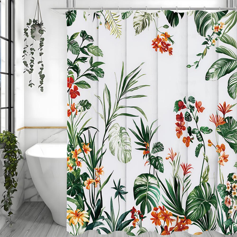 Tropical Floral Shower Curtain, Bathroom Decorative Shower Curtain, Waterproof Shower Curtain with Hooks
