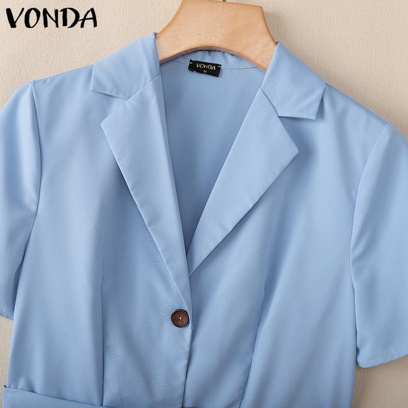 VONDA Women Elegant Short Sleeve Belt Casual Mini Pleated Dress