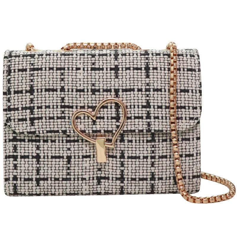 Women's Bag New Shoulder Bag Contrasting Color Woven Small Square Bag Love Chain Messenger Bag Mobile Phone Bag One Piece Generation
