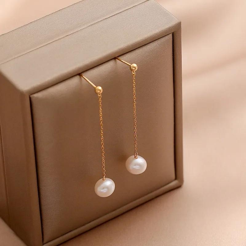 Women Gold Chain Long Tassel Earrings With Round Freshwater Pearls Wedding Bridal Jewelry