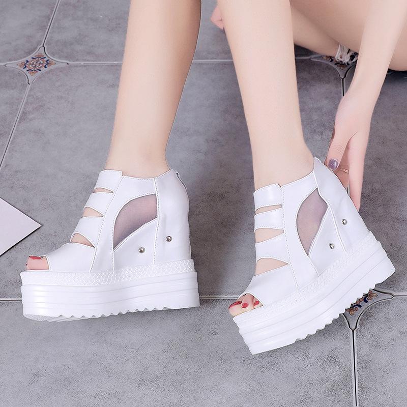 12cm Ultra High Heels Wedge Sandal for Women Fashion Summer Peep Toe Mesh Breathable Gothic Black White Platform Sandales Femmes