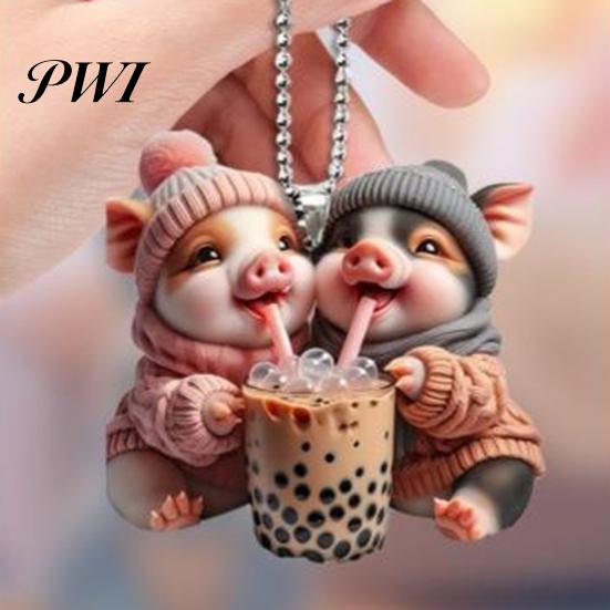Pig Hanging Ornaments Acrylic Cartoon Decoration with Bead Chain Car Rearview Lifelike Mirror Ornament Keychain Backpack Animal Pendant Birthday Gift