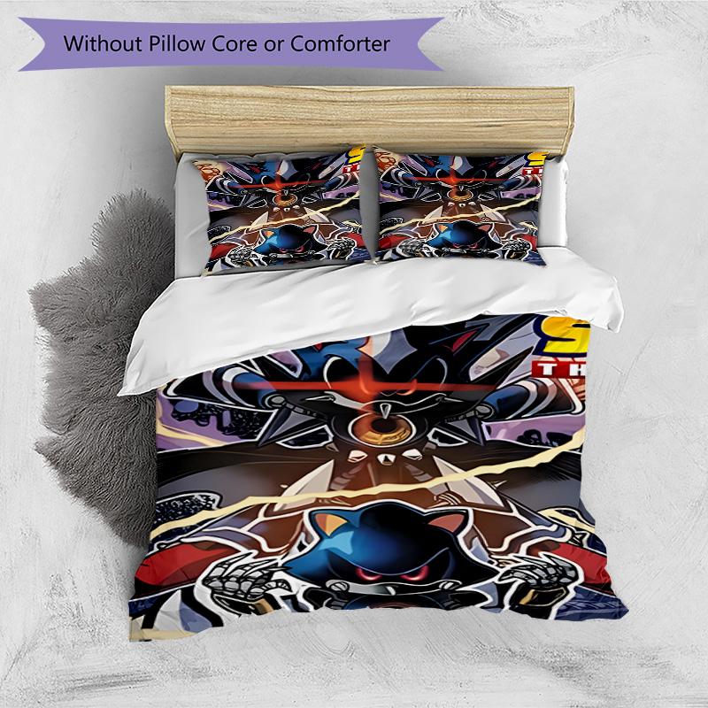 Set cuvertură de pilota 3 buc (1 * Husă de pilota + 2 * Față de pernă, Fără Miez), Set de așternut cu Imprimeu Sonic, Decor Dormitor, Pentru Toate Sezoanele, Cadou de Ziua de Naștere