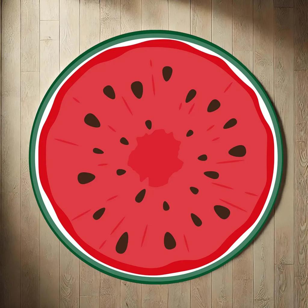 Watermelon Print Round Area Rug for Kids Bedroom Anti Slip Washable Flannel Carpet for Home Living Room Round Floor Mat