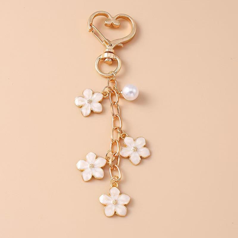 Cute Enamel Pearl Flower Keychain Plant Key Ring Pendant For Women Girls Handbag Decor Diy Handmade Jewelry Gifts