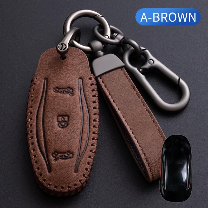 Fit For Tesla Model 3 Model X Model S Model Y Genuine Leather Auto Key Fob Cover Case Bag Protector Remote Band Housing Mount Key Ring Auto