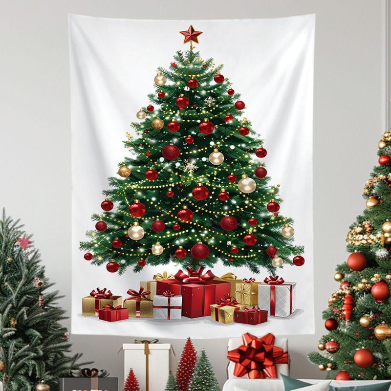 White Hand Drawn Christmas Tree Wall Tapestry Merry Text Red Ornament Ball Gold Star Snowflake Holiday Aesthetic Home