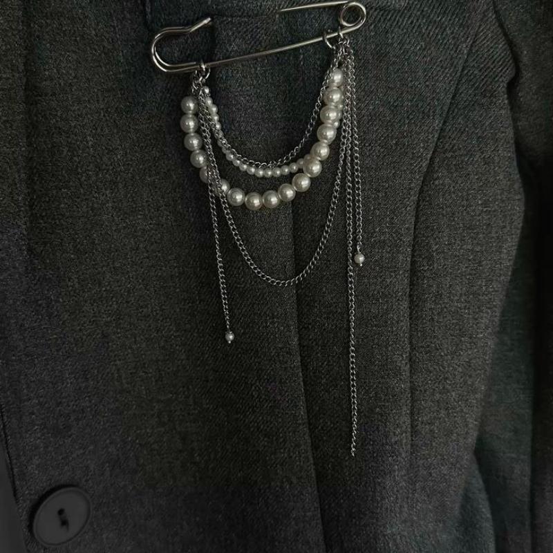 Women Elegant Luxury Pearl Pin Corsage Vintage Multi-Layer Long Tassel Chain Brooch Safety Pins Party Jewelry Gift