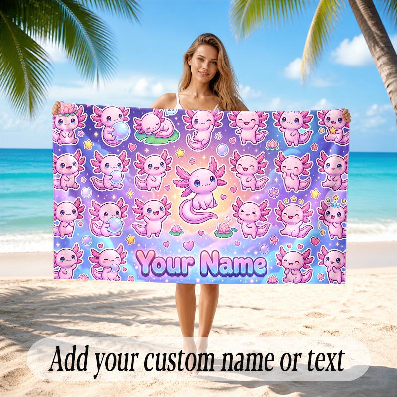 Axolotl Theme Quick Dry Beach Towel Custom Name Text Print Large Sand Resistant Towel Beach Vacation