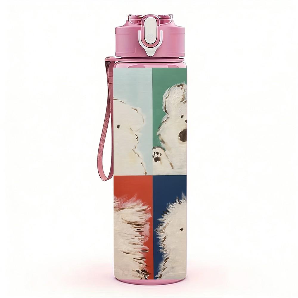 1PC Cute Puppy Dogs Color Block Portrait Art 750ml Color Plastic Sports Water Bottle Leakproof Flip Straw Lid Suitable for Sports Office Home Use