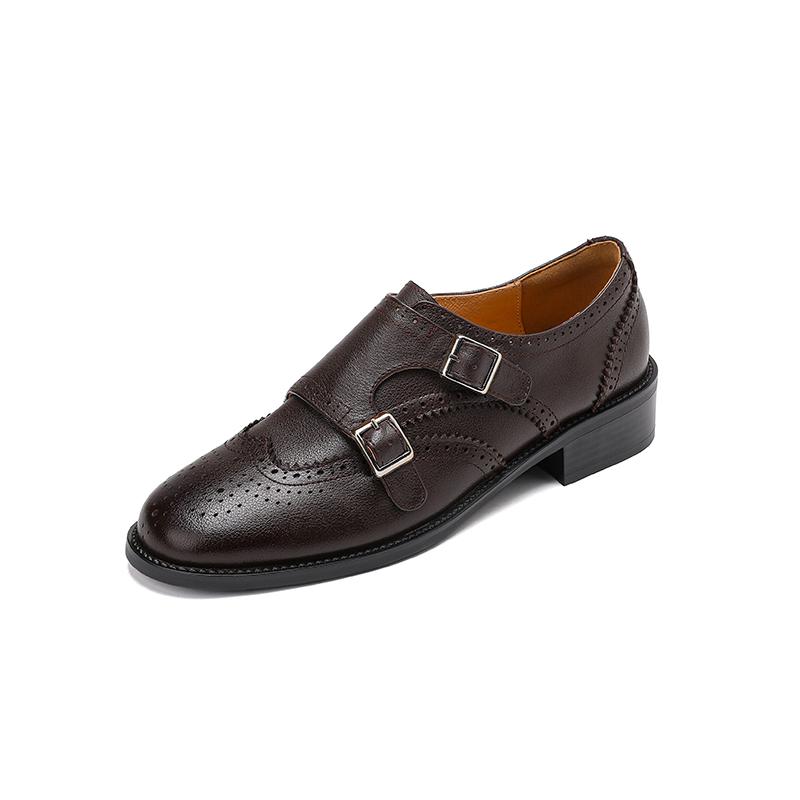 Fashion Women Oxford Low Heel 2025 Spring Shoes for Woman Genuine Leather Brogues Vintage Buckle Loafers Casual Black Brown Girls Shoes