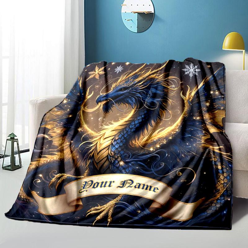 1PC Custom Name Ethereal Dragon Fantasy flannel blanket versatile, all-season throw suitable for the living room, bedroom, camping, travel, and gift