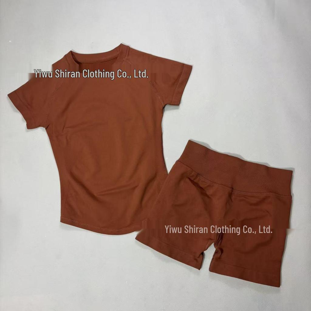 Damen nahtloses kurzärmeliges Sportset mit hoher Elastizität und atmungsaktivem schweißableitendem T-Shirt