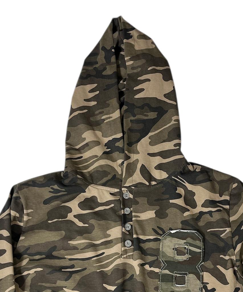 Camouflage 8 Henley Neck Hoodie ((Beige))