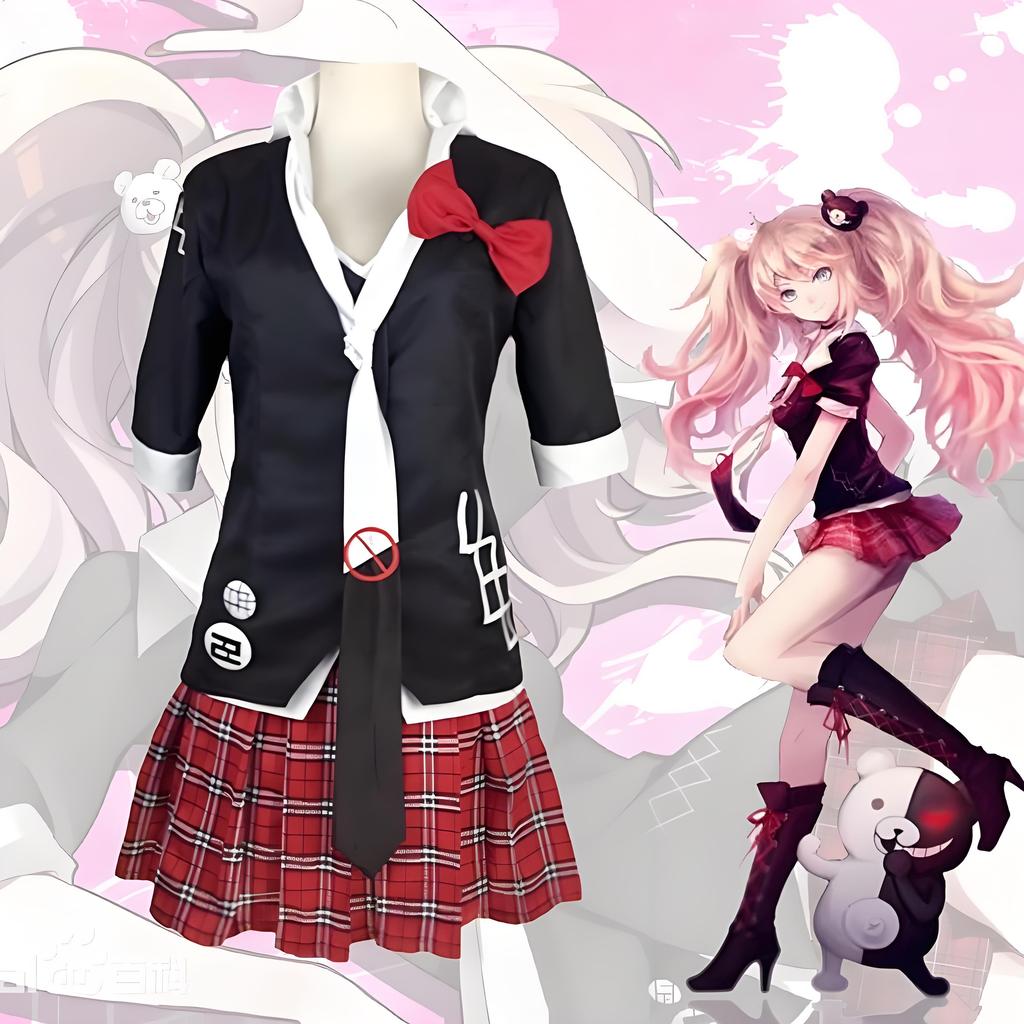 Anime-Spiel Danganronpa, Cosplay-Kostüm, Enoshima Junko Uniform, Kaffee-Arbeitskleidung, Kurzer Rock, Monokuma Kopfschmuck