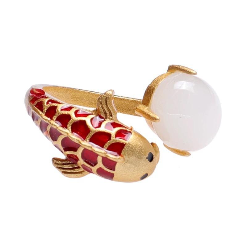 Adjustable Vintage Enamel Koi Fish Ring With Gold Plated Copper Band Women Men Retro Hanfu Qipao Accessory