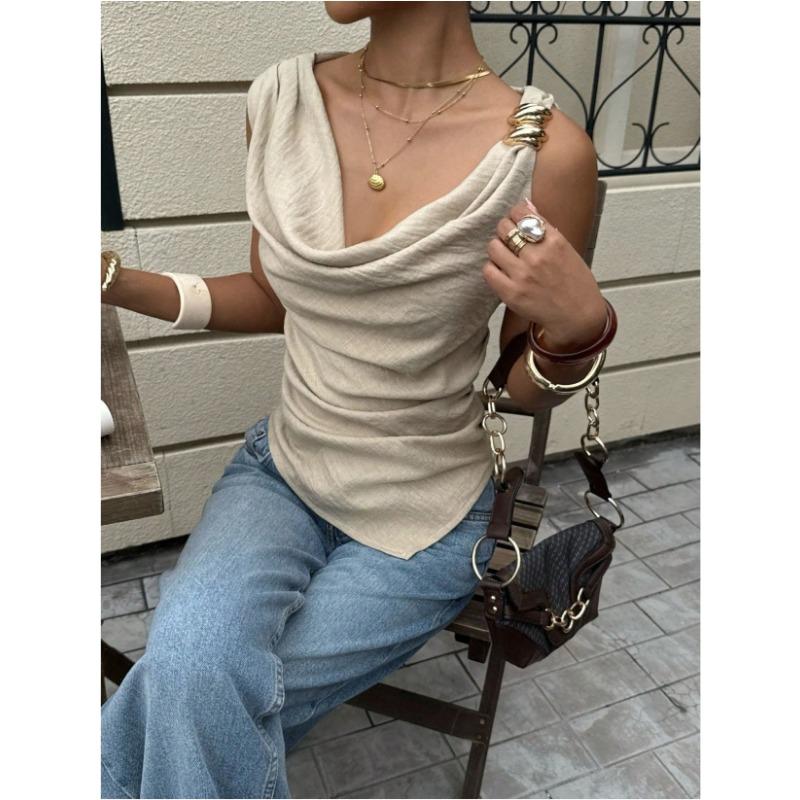 Damen Rollkragen Metallverzierungen Ärmellos Unregelmäßig Lässig Sommer Bluse Tanktop
