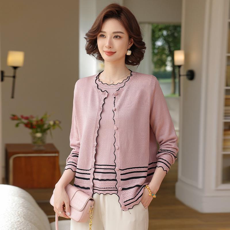Spring Knit Two-Piece Set: Lightweight Cardigan and Short-Sleeved Top for Middle-Aged and Elderly Women