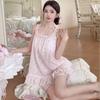 French Sexy Pajamas Women's Fungus Edge Ice Silk Suspender Shorts Summer Thin with Chest Pads Loungewear Can Be Worn Outside