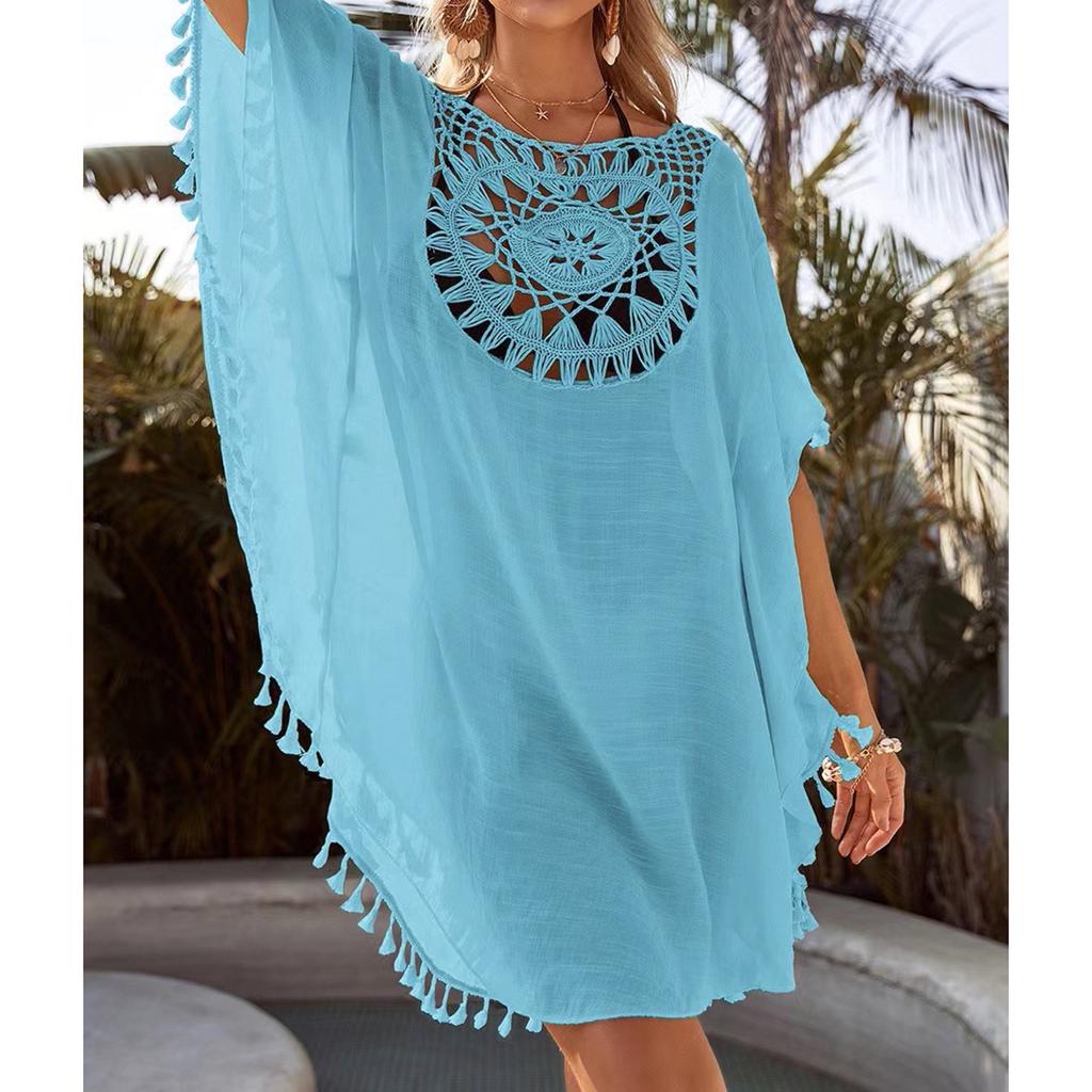 Women's Loose Fitting Casual Vacation Short Sleeved Patchwork Fashion Tassel Beach Bikini Cover Up