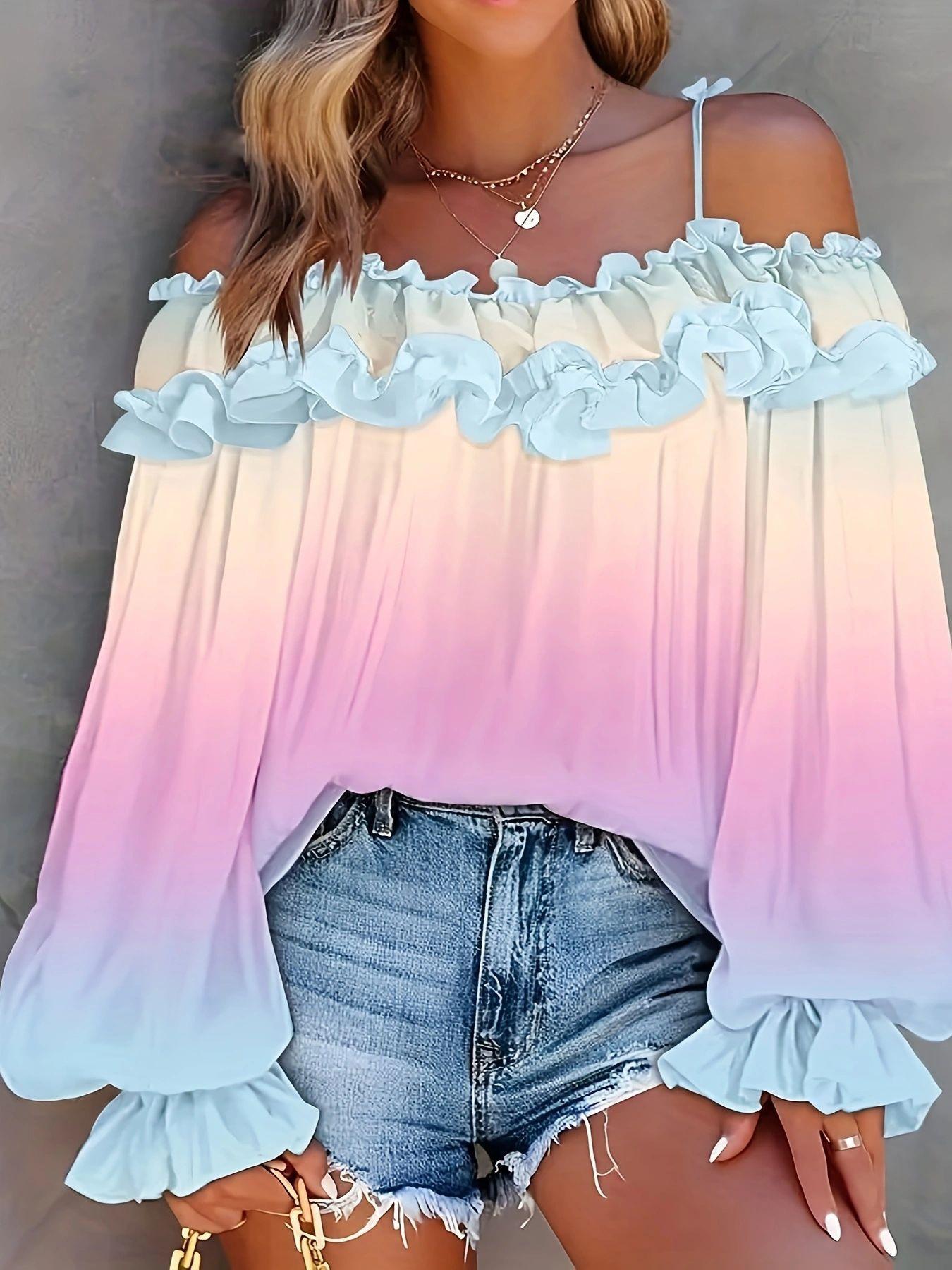 

2025 Лето Острая Девушка Плюс Размер Топ с Открытыми Плечами Градиент Шнуровка 1XL яркий розовый