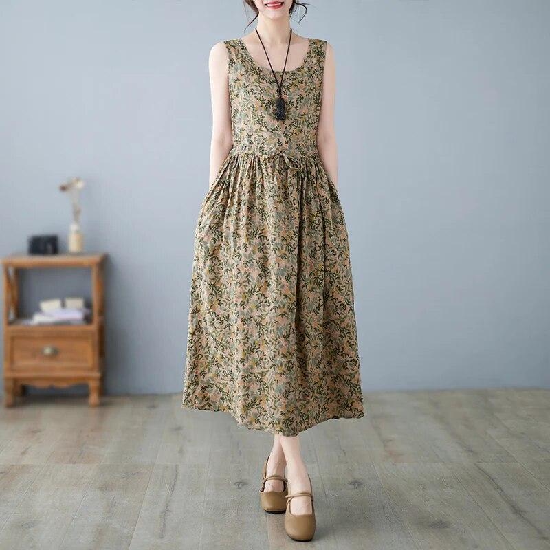 Abiti Estivi Vintage Stampati da Donna Senza Maniche Moda Ampi Vacanza Spiaggia Abito Sottile Eleganti Vestidos Robe Femme