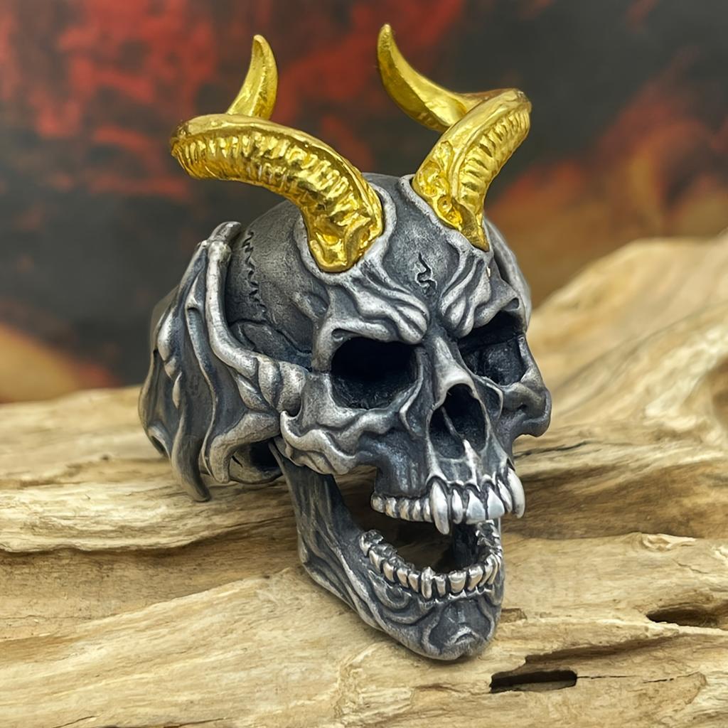 Vintage Punk Stainless Steel Skull Rings For Men Gothic Punk Exaggerated Gold Color Goat Skull Ring Hiphop Rock Biker Jewelry