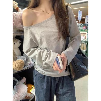 Damen Graues Off-Shoulder Baumwoll Langarm T-Shirt: Stilvolles, locker sitzendes Frühlings-/Herbst-Oberteil