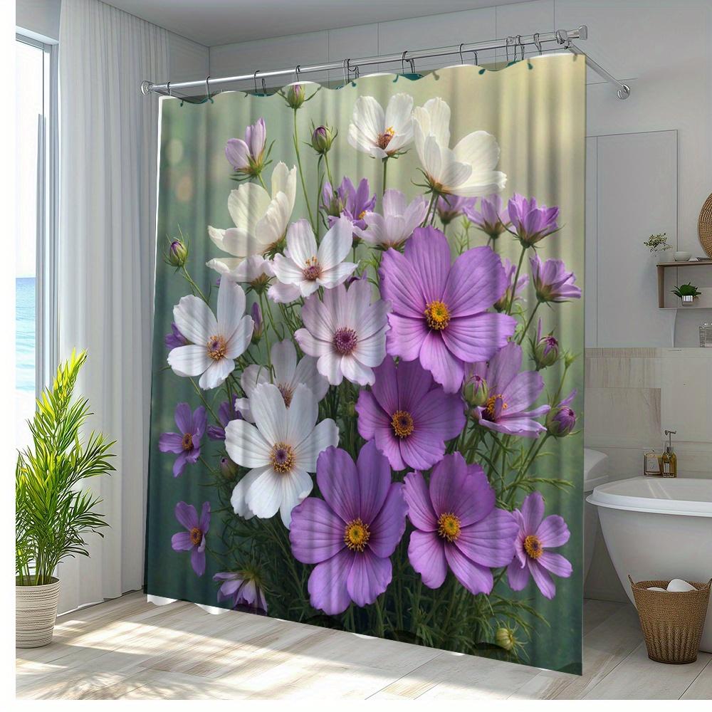1Pc Floral Shower Curtain With Vibrant Purple & White Blooms - Machine Washable Polyester Fabric, 70.8X70.8 Inches, 12 Hooks