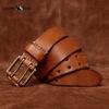 Men's Leather Belt Double Pin Buckle Top Layer Cowhide Retro Youth Copper Buckle Belt
