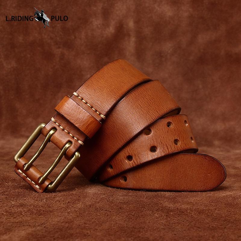 Men's Leather Belt Double Pin Buckle Top Layer Cowhide Retro Youth Copper Buckle Belt
