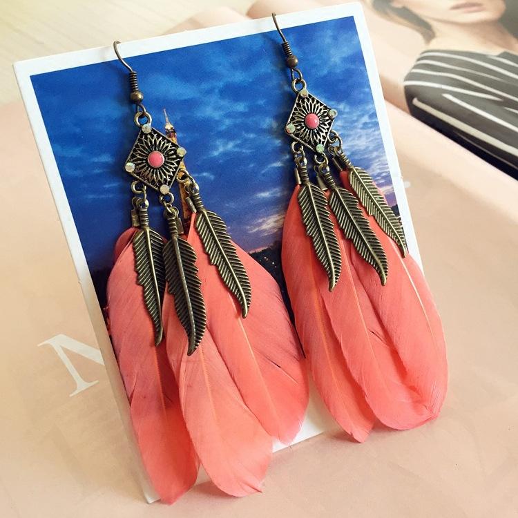 Bohemian Retro Style Feather Fringed Earrings, Bronze Leaves Elegant Exaggerated Earrings Women's Ear Jewelry