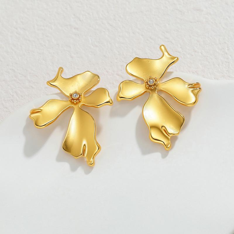 18K Gold French Stainless Steel Flower Stud Earrings - Elegant Autumn/Winter Fashion Accessories