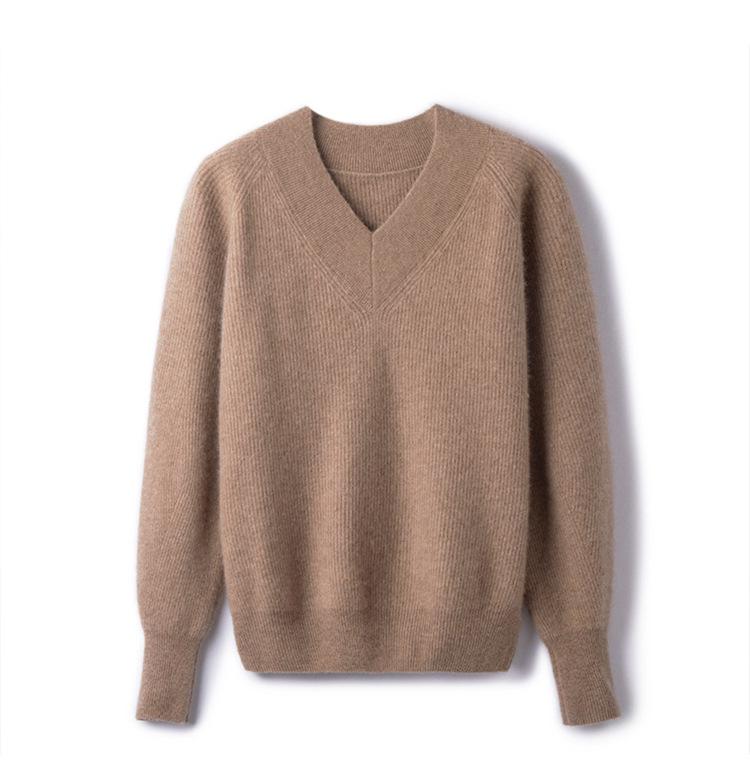 Ribbed V-Neck Cashmere Sweater - 2026 Autumn/Winter Women's Loose Plus Size Pullover