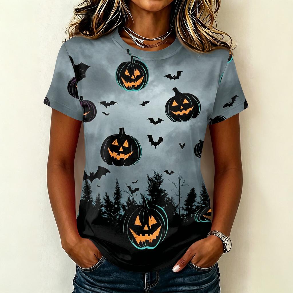 Womens Casual Pullover Short Sleeve T Shirt Halloween Graphic Print Top Lightweight Comfortable Fit