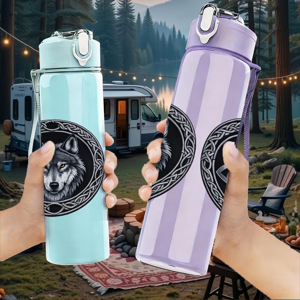 1PC Celtic Knot Coin Badge Print 750ml Color Plastic Sports Water Bottle Leakproof Flip Straw Lid Suitable for Sports Office Home Use