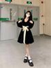 Plus Size Velvet French Lace-Up Bow Long Black Dress