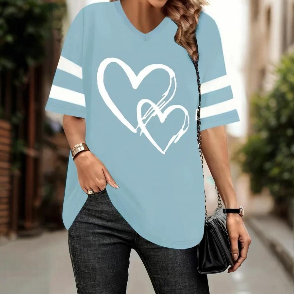 Summer Heart-Shaped 3D Print T-shirt Women Streetwear Casual T Shirts Y2k Tops Woman Harajuku V-Neck Tees Oversized Clothing