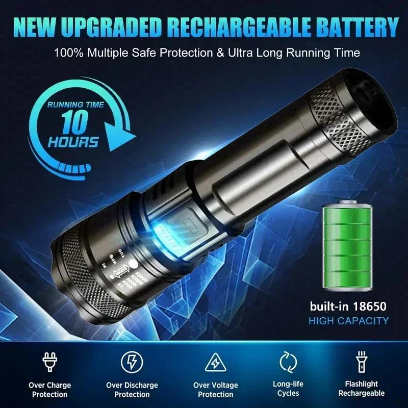 Super Bright LED Flashlight USB Rechargeable Torch Telescopic Zoom Light Outdoor Emergency Camping Fishing Waterproof Lantern