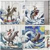 Rideau de douche amusant Chat sur Dinosaure Vagues de l'Océan Mer Rideau de Bain Créatif pour Enfants Tissu Polyester Décoration de Salle de Bain Avec Crochets