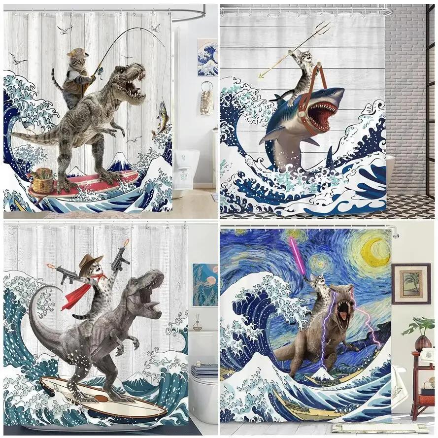 Rideau de douche amusant Chat sur Dinosaure Vagues de l'Océan Mer Rideau de Bain Créatif pour Enfants Tissu Polyester Décoration de Salle de Bain Avec Crochets