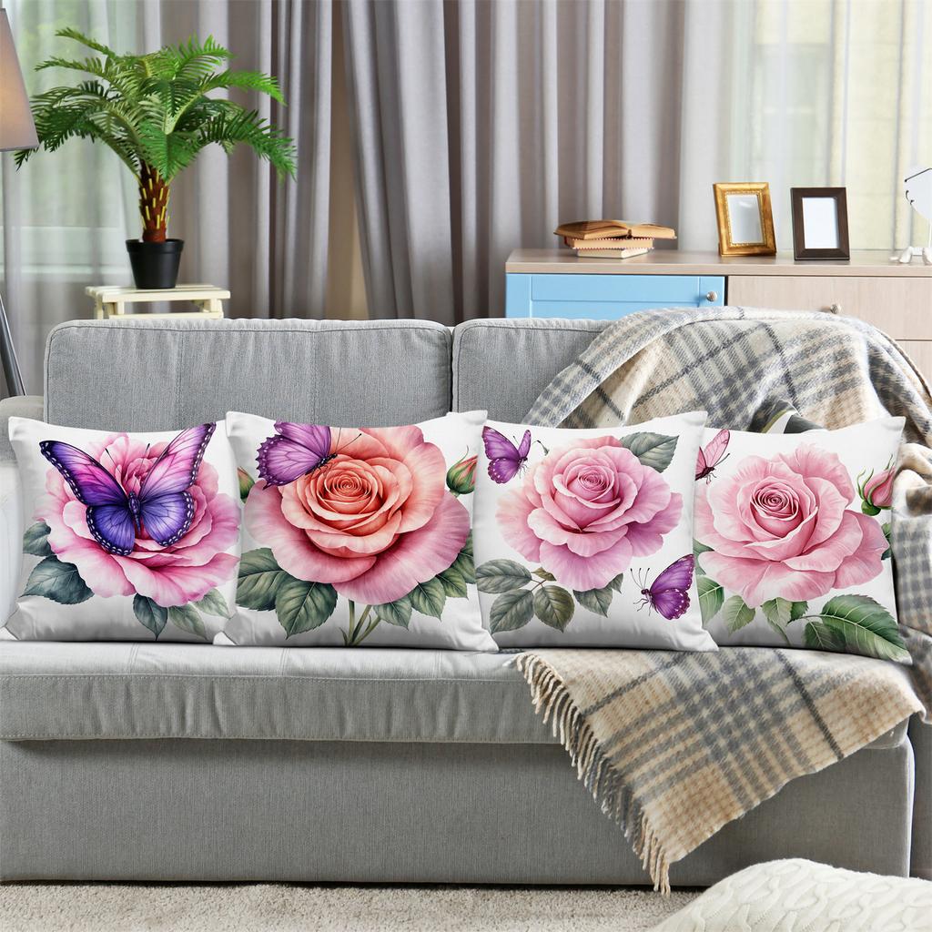 Soft Pink Rose Pillow Covers Purple Butterfly & Rose Watercolor Art Decorative Throw Cushion Cases Serene Home Decor Pillowcases