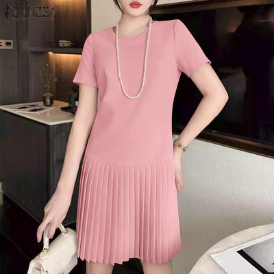 Women Casual Round Neck Solid Color Summer Short Sleeve Dress
