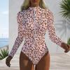 Women Plus Size High Neck Long Sleeve Front Zipper Floral Print One Piece Swimsuit