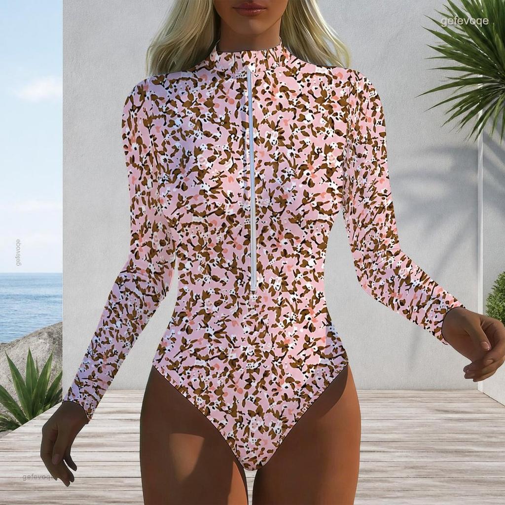 Women Plus Size High Neck Long Sleeve Front Zipper Floral Print One Piece Swimsuit